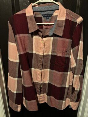 Tommy Hilfiger Burgundy and Peach Plaid Button-Up Shirt